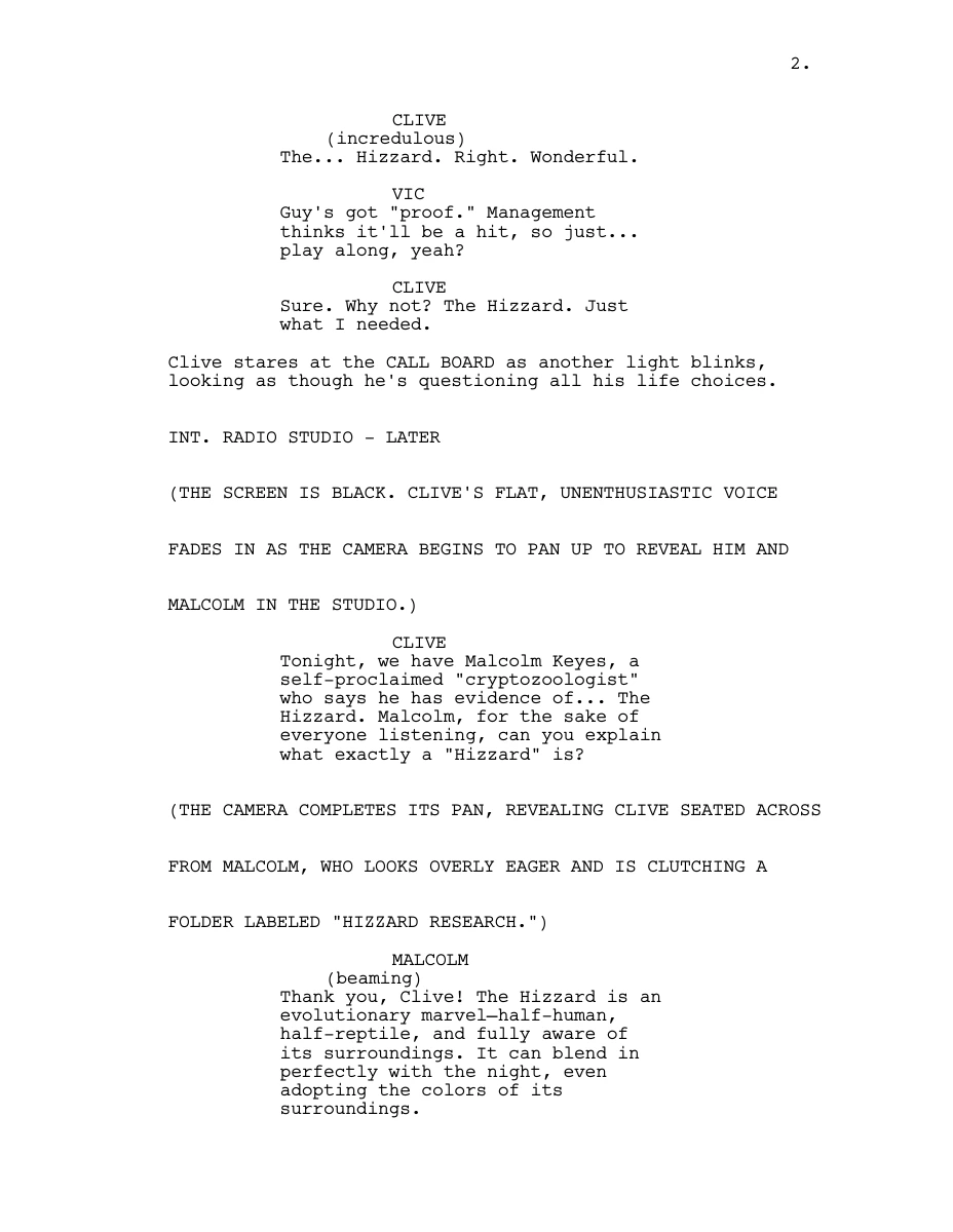 A page from The Hizzard screenplay