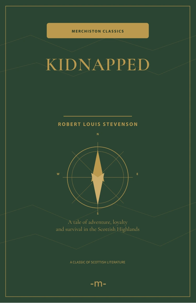 Thomas's green-and-gold Kidnapped cover redesign with a compass motif