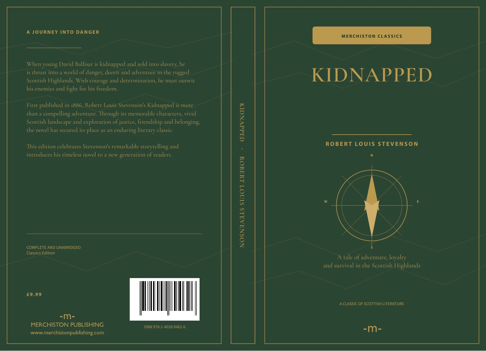Full Kidnapped cover artwork showing the back cover, spine and green-and-gold front